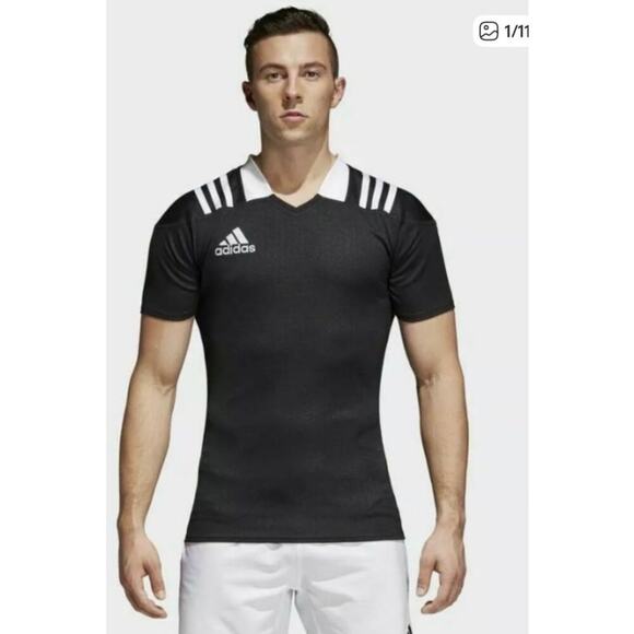 NWT adidas Mens Performance Climalite 3 Stripes Fitted Blue/White Rugby Jersey,M - Picture 8 of 8